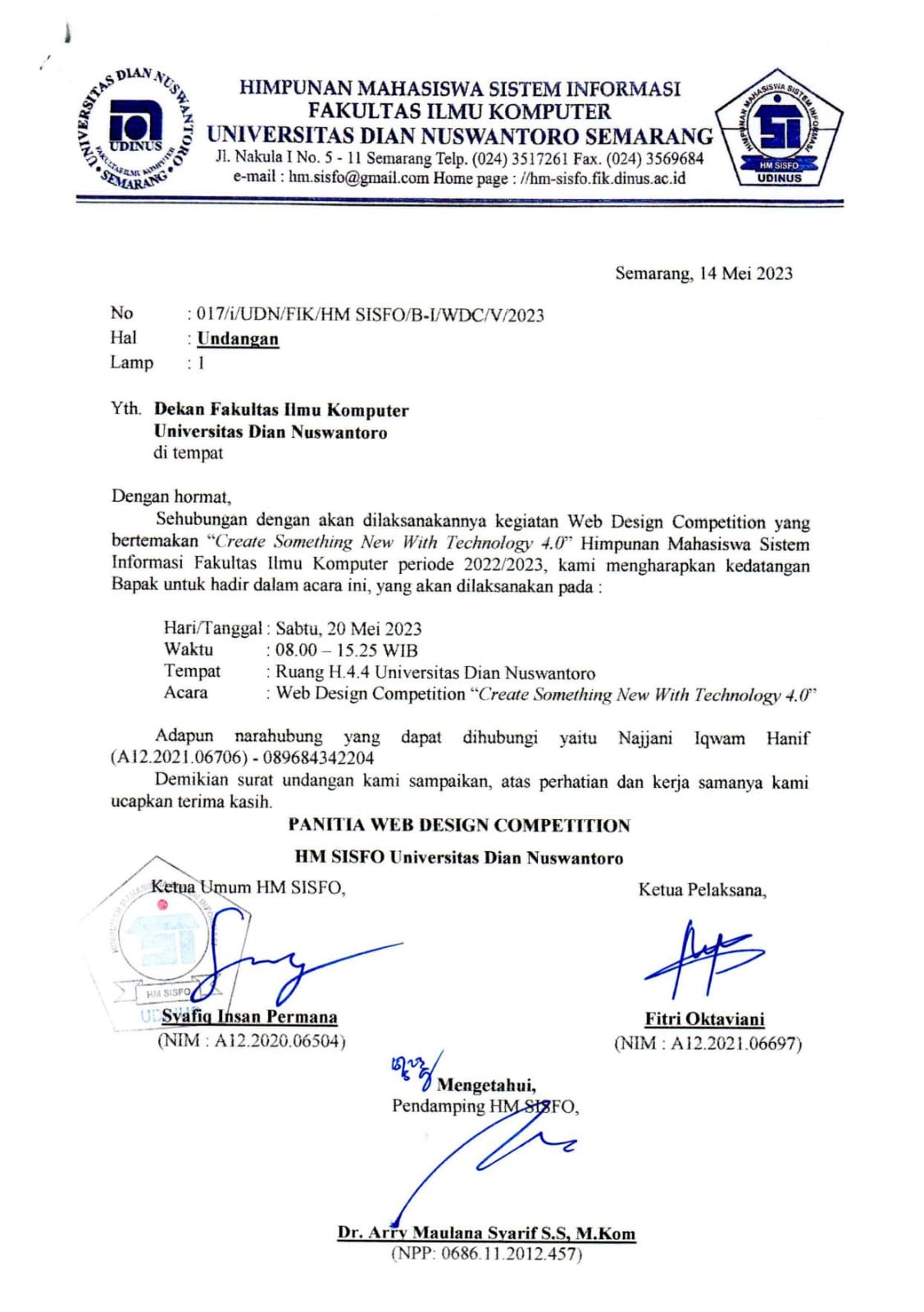 Surat Undangan Dekan Fakultas Ilmu Komputer Universitas Dian Nuswantoro